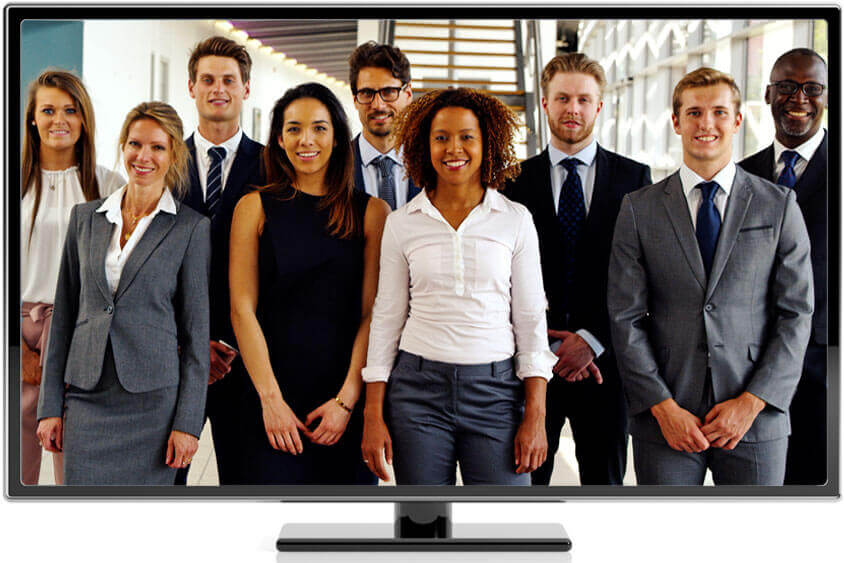 group of smiling agents on a computer monitor